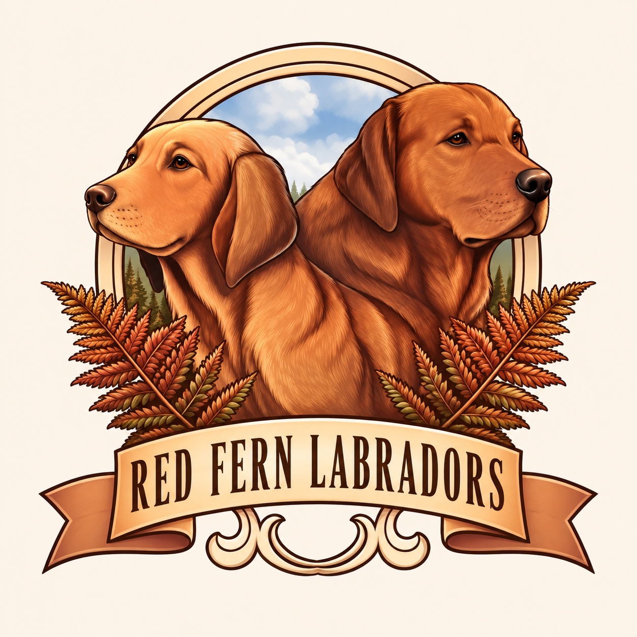 Red Fern Labradors logo featuring two Labradors framed by autumn ferns